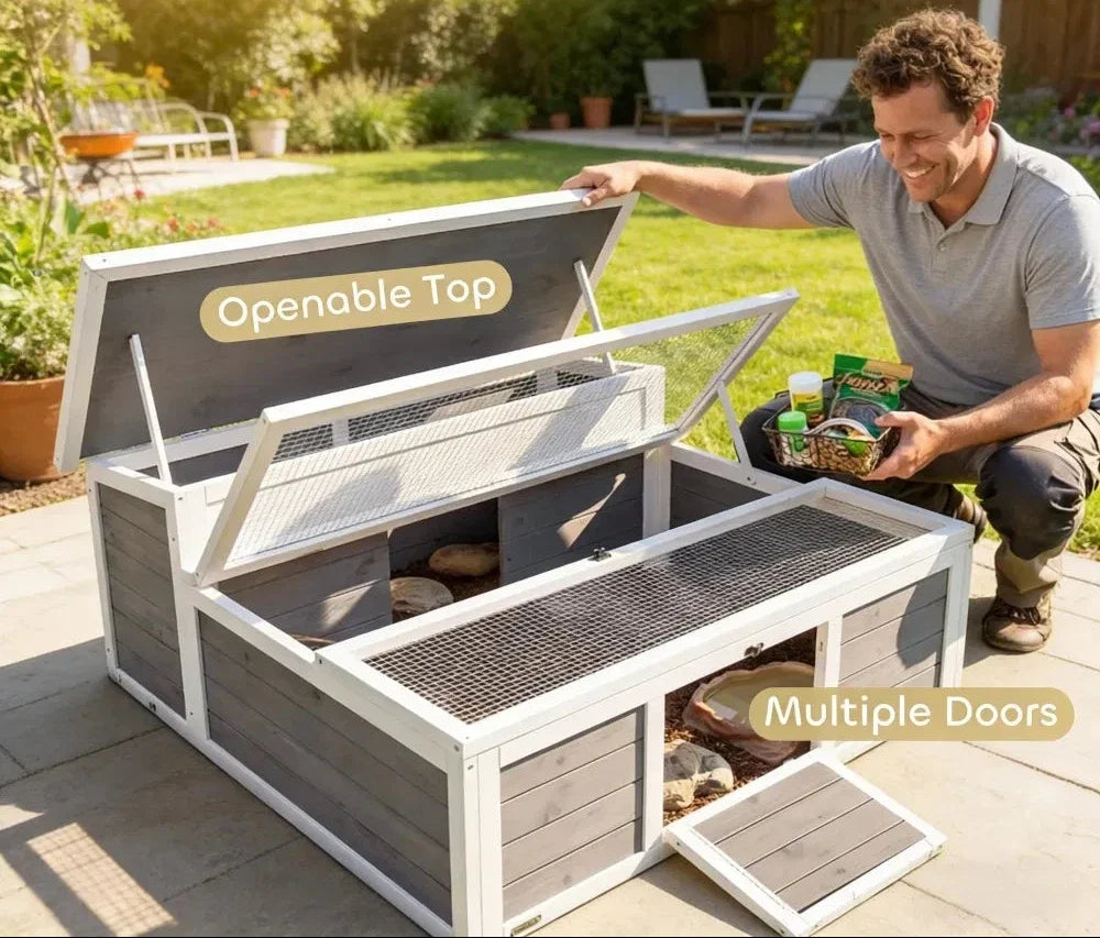 Dual-Zone Wooden Tortoise Habitat & Basking Run