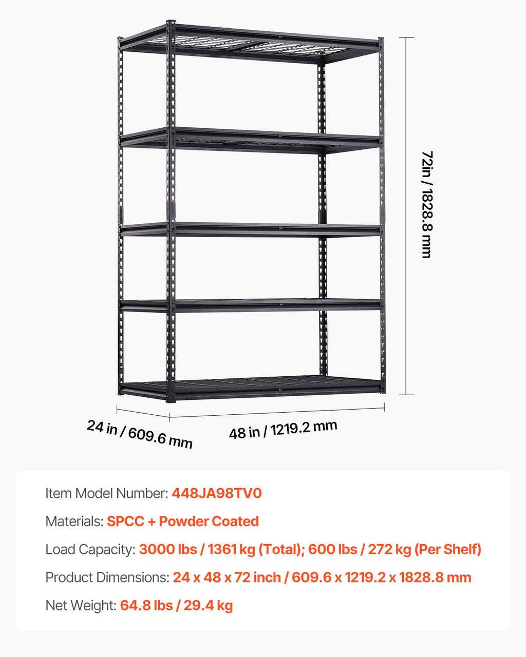 Heavy-Duty 5-Tier 4x2 Storage Rack (48" W × 24" D × 72" H | 3,000 lb Capacity)